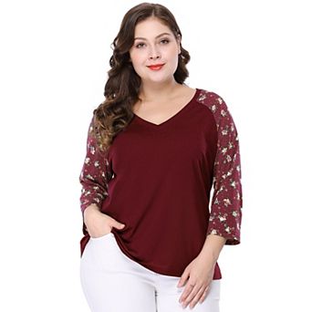 Women's Plus Size Fall Contrast Panel Floral V Neck 3/4 Sleeve Tops