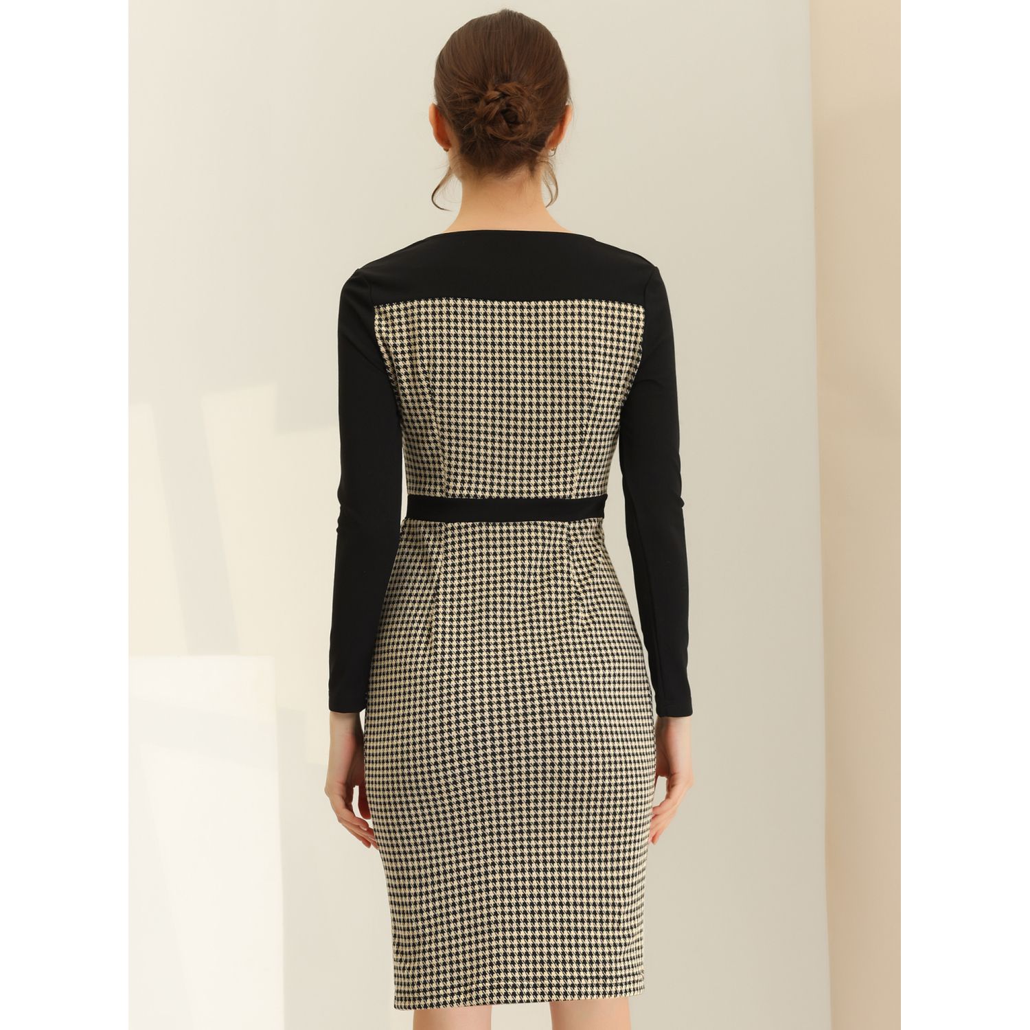 Women's Vintage Houndstooth Square Neck Contrast Long Sleeve Midi ...