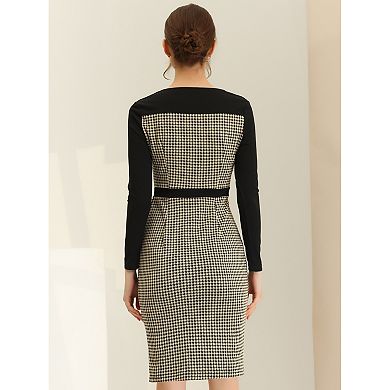 Women's Vintage Houndstooth Square Neck Contrast Long Sleeve Midi Bodycon Dress