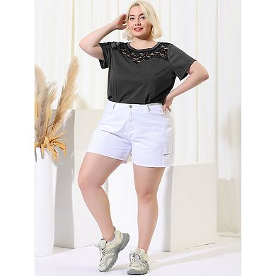 Women's Plus Size Casual Lace Color Block Short Sleeve Plain Tops