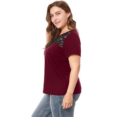 Women's Plus Size Casual Lace Color Block Short Sleeve Plain Tops