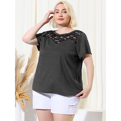 Women's Plus Size Casual Lace Color Block Short Sleeve Plain Tops