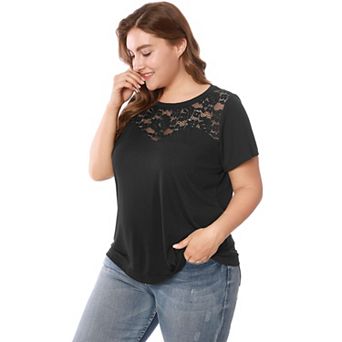 Women's Plus Size Casual Lace Color Block Short Sleeve Plain Tops