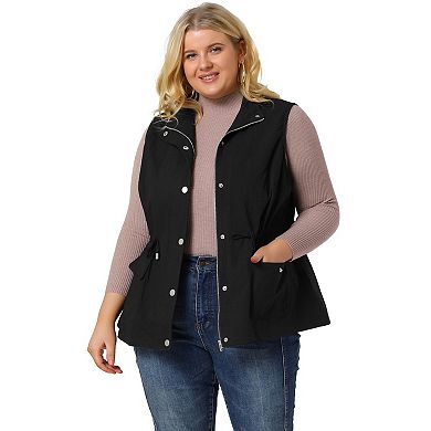 Women's Plus Size Cargo Pocket Drawstring Waist Vest Jacket