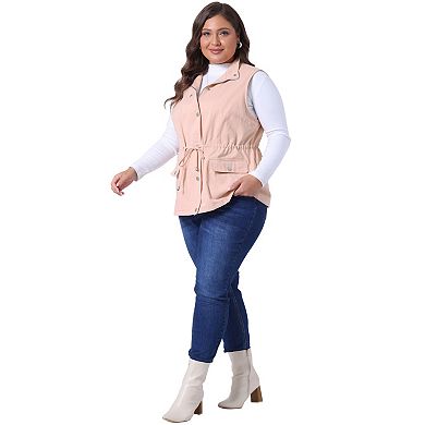 Women's Plus Size Cargo Pocket Drawstring Waist Vest Jacket