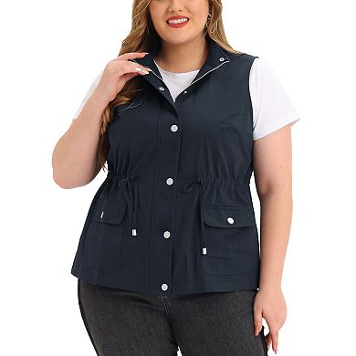 Women's Plus Size Cargo Pocket Drawstring Waist Vest Jacket