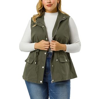 Women's Plus Size Cargo Pocket Drawstring Waist Vest Jacket