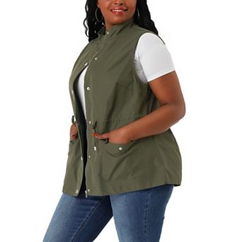 Women's Plus Size Cargo Pocket Drawstring Waist Vest Jacket