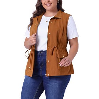 Women's Plus Size Cargo Pocket Drawstring Waist Vest Jacket