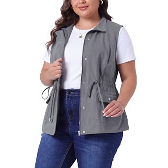 Women's Plus Size Cargo Pocket Drawstring Waist Vest Jacket
