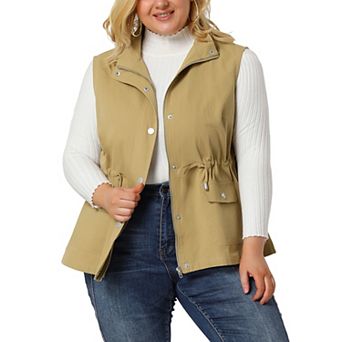 Women's Plus Size Cargo Pocket Drawstring Waist Vest Jacket