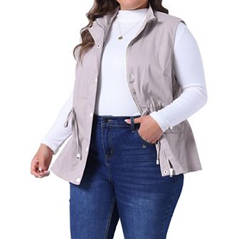 Women's Plus Size Cargo Pocket Drawstring Waist Vest Jacket