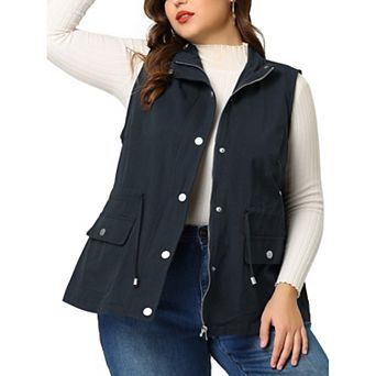 Women's Plus Size Cargo Pocket Drawstring Waist Vest Jacket