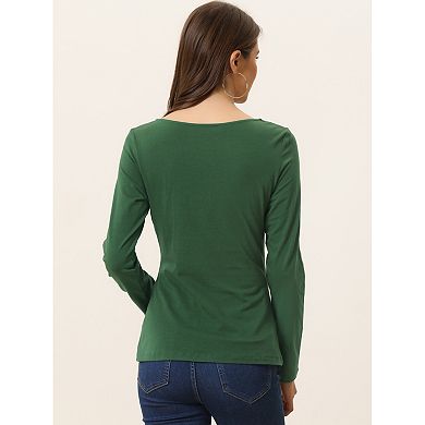 Women's Comfort Round Neck Twist Front Long Sleeve Blouse Basic Top