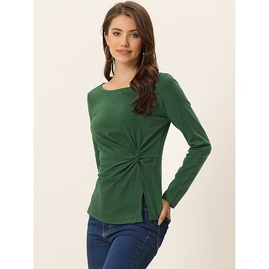 Women's Comfort Round Neck Twist Front Long Sleeve Blouse Basic Top