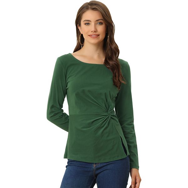 Perfee Round Neck Tie Waist Long Sleeve Blouse