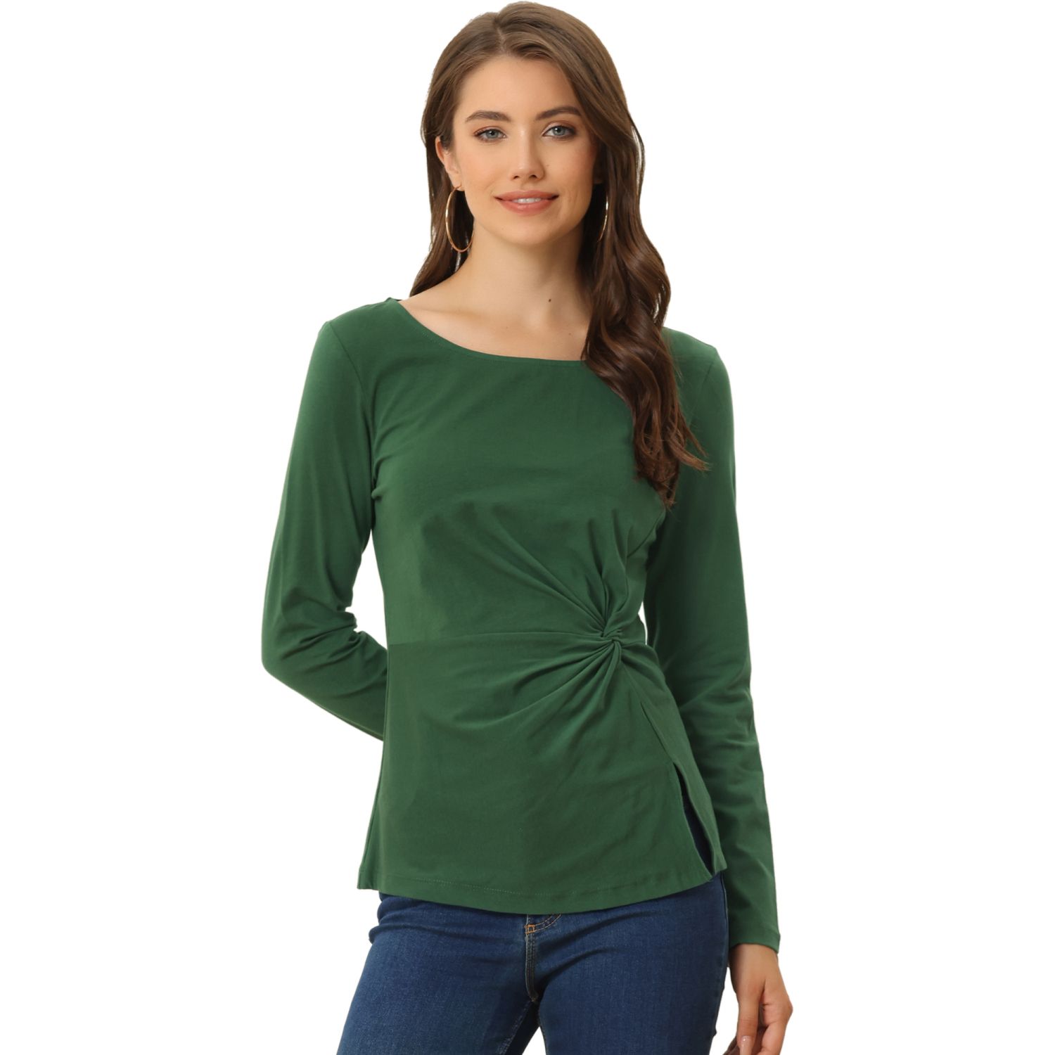 Women's V Neck Twist Front Long Sleeve Top - Casual Tunic Blouse With Irregular Hem