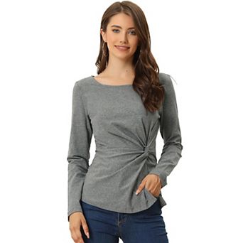 Women's Comfort Round Neck Twist Front Long Sleeve Blouse Basic Top