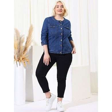 Women's Plus Size Long Sleeves Collarless Denim Jacket