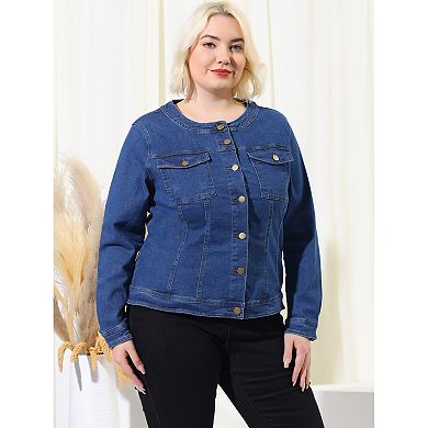 Women's Plus Size Long Sleeves Collarless Denim Jacket