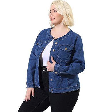 Women's Plus Size Long Sleeves Collarless Denim Jacket
