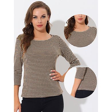 Women's Work Office 3/4 Sleeve Boat Neck Houndstooth Printed Top Blouse