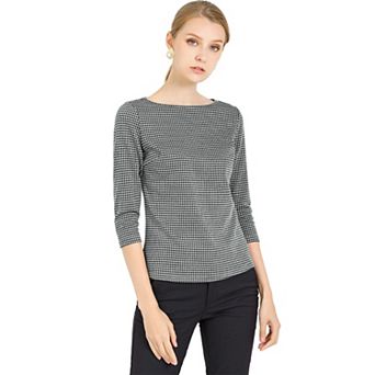 Women's Work Office 3/4 Sleeve Boat Neck Houndstooth Printed Top Blouse