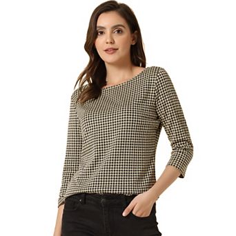 Women's Work Office 3/4 Sleeve Boat Neck Houndstooth Printed Top Blouse