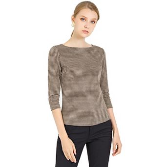 Women's Work Office 3/4 Sleeve Boat Neck Houndstooth Printed Top Blouse