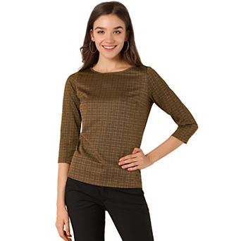 Women's Work Office 3/4 Sleeve Boat Neck Houndstooth Printed Top Blouse