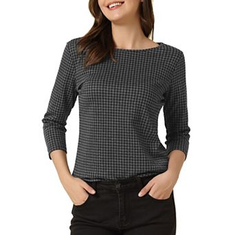 Women's Work Office 3/4 Sleeve Boat Neck Houndstooth Printed Top Blouse