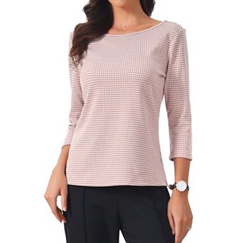 Women's Work Office 3/4 Sleeve Boat Neck Houndstooth Printed Top Blouse