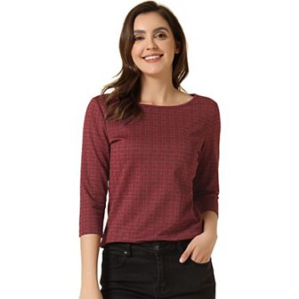 Women's Work Office 3/4 Sleeve Boat Neck Houndstooth Printed Top Blouse
