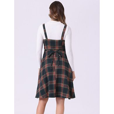 Women's Plaid Tie Belt Waist Sleeveless Midi Suspender Overall Dress