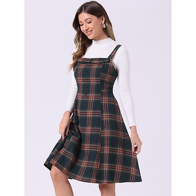 Women's Plaid Tie Belt Waist Sleeveless Midi Suspender Overall Dress