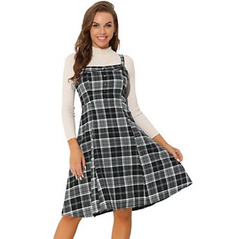 Women's Plaid Tie Belt Waist Sleeveless Midi Suspender Overall Dress