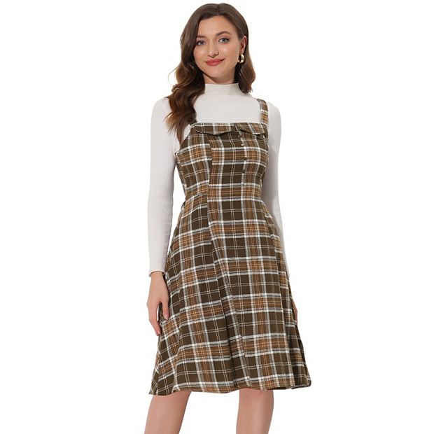 Plaid Vintage Sleeveless Tie Waist A-Line Overall Pinafore Dress, Green / XL