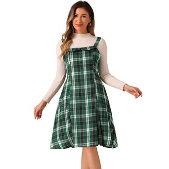 Women's Plaid Tie Belt Waist Sleeveless Midi Suspender Overall Dress