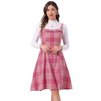Women's Plaid Tie Belt Waist Sleeveless Midi Suspender Overall Dress