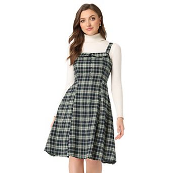 Women's Plaid Tie Belt Waist Sleeveless Midi Suspender Overall Dress