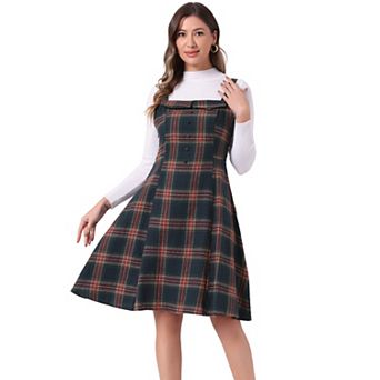 Women's Plaid Tie Belt Waist Sleeveless Midi Suspender Overall Dress