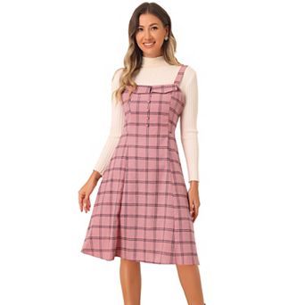Women's Plaid Tie Belt Waist Sleeveless Midi Suspender Overall Dress