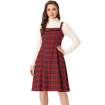 Women's Plaid Tie Belt Waist Sleeveless Midi Suspender Overall Dress