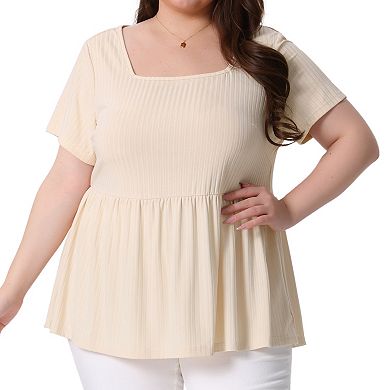 Women's Plus Size Rib Solid Peplum Square Neck Babydoll Tee