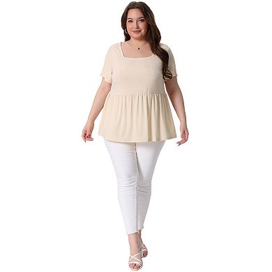 Women's Plus Size Rib Solid Peplum Square Neck Babydoll Tee