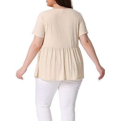 Women's Plus Size Rib Solid Peplum Square Neck Babydoll Tee