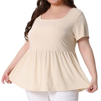 Women's Plus Size Rib Solid Peplum Square Neck Babydoll Tee