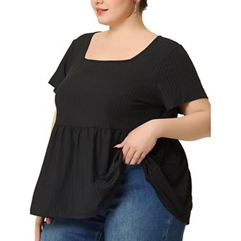 Women's Plus Size Rib Solid Peplum Square Neck Babydoll Tee