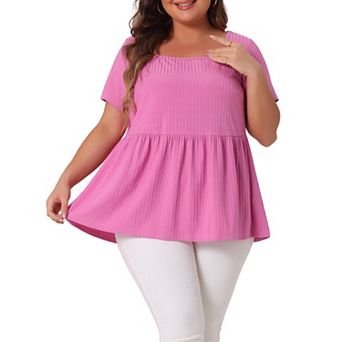 Women's Plus Size Rib Solid Peplum Square Neck Babydoll Tee