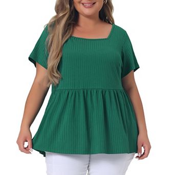 Women's Plus Size Rib Solid Peplum Square Neck Babydoll Tee